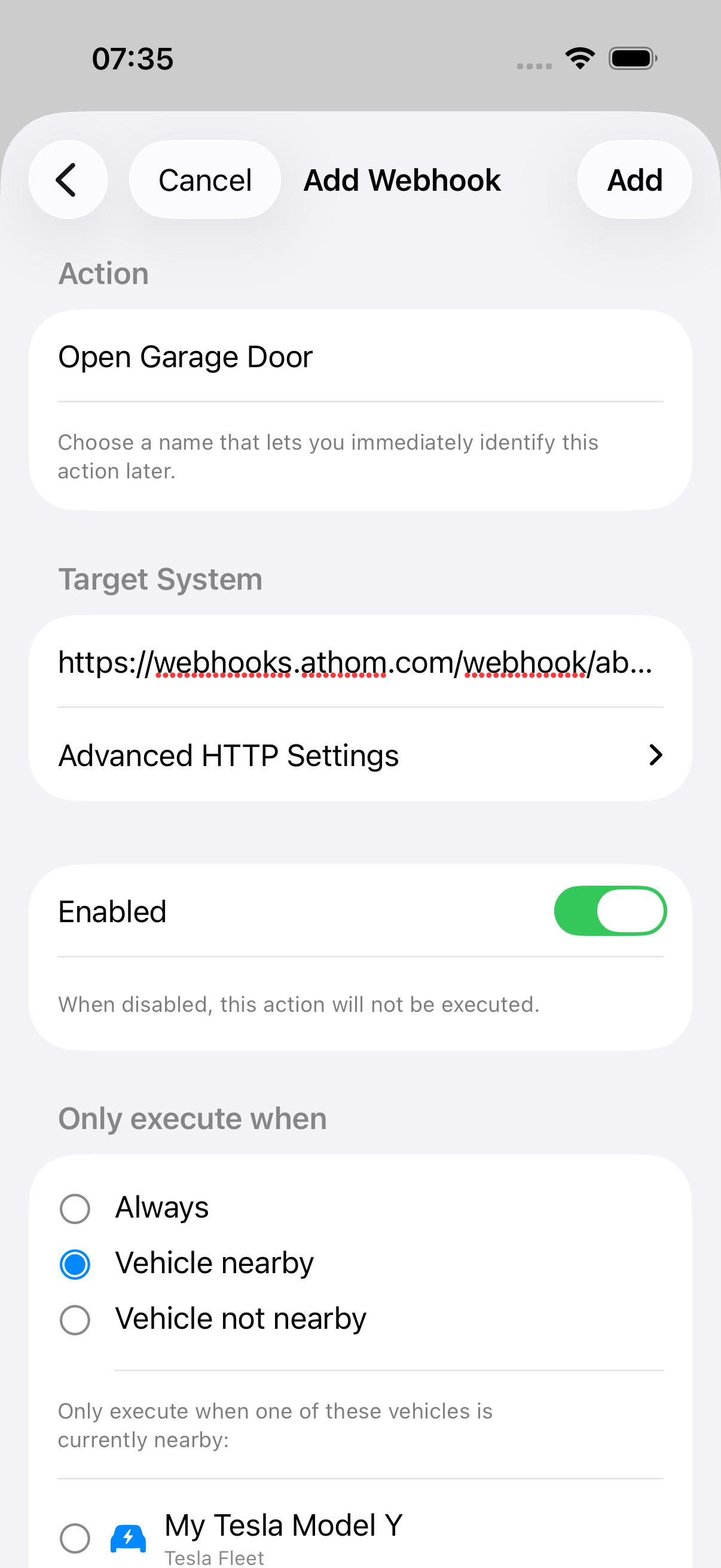 Vehicle nearby selected with Tesla Model Y checkbox