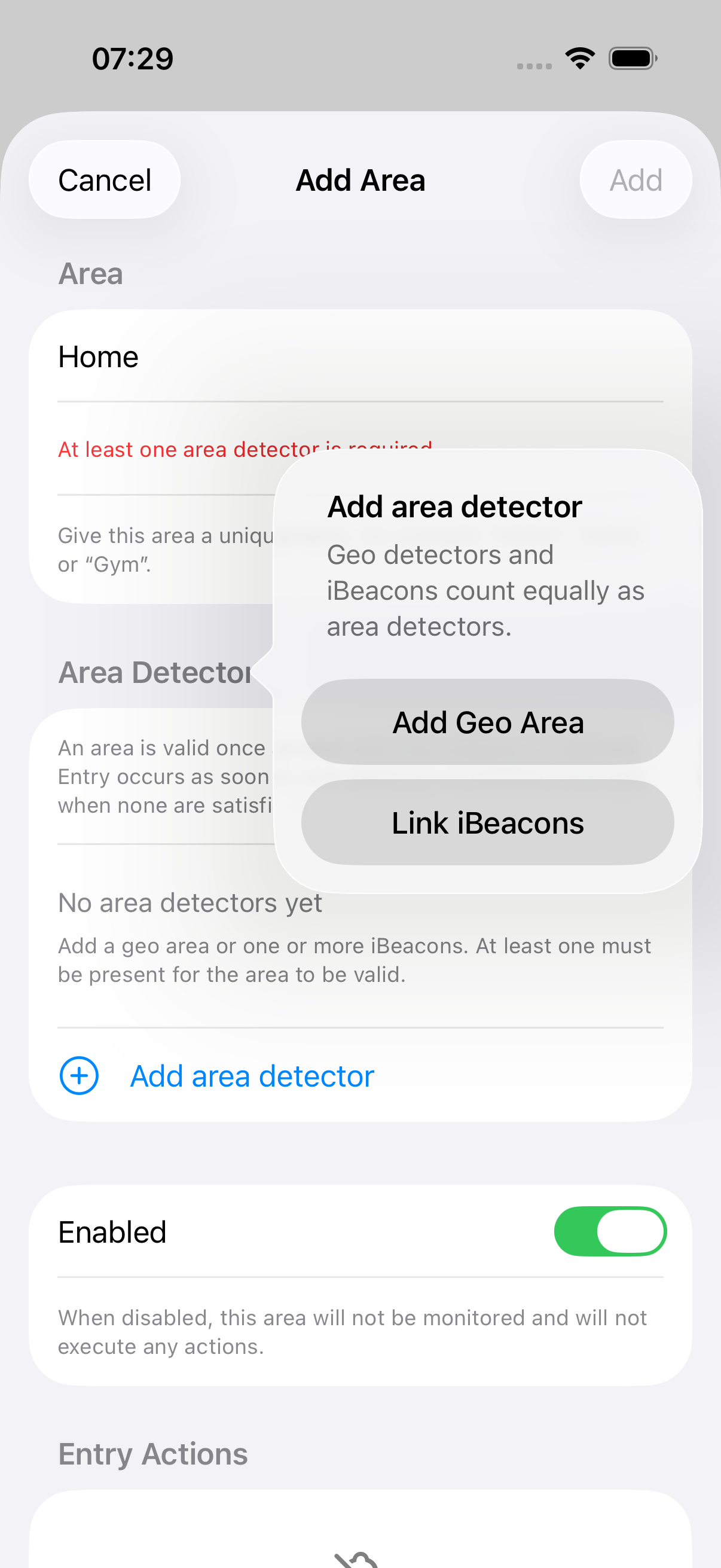 Add area detector dialog showing Geo Area and iBeacon options