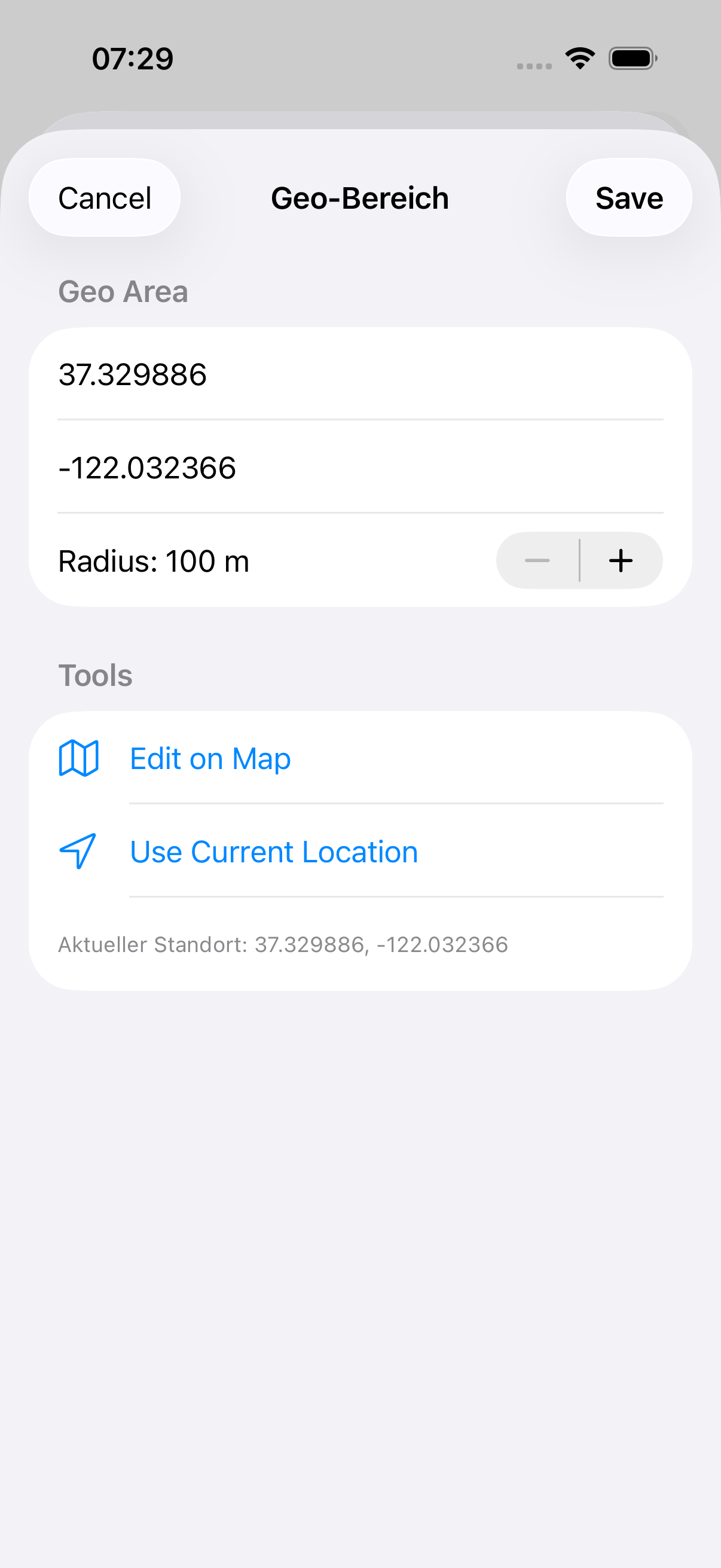 Geo area editor with coordinates and radius