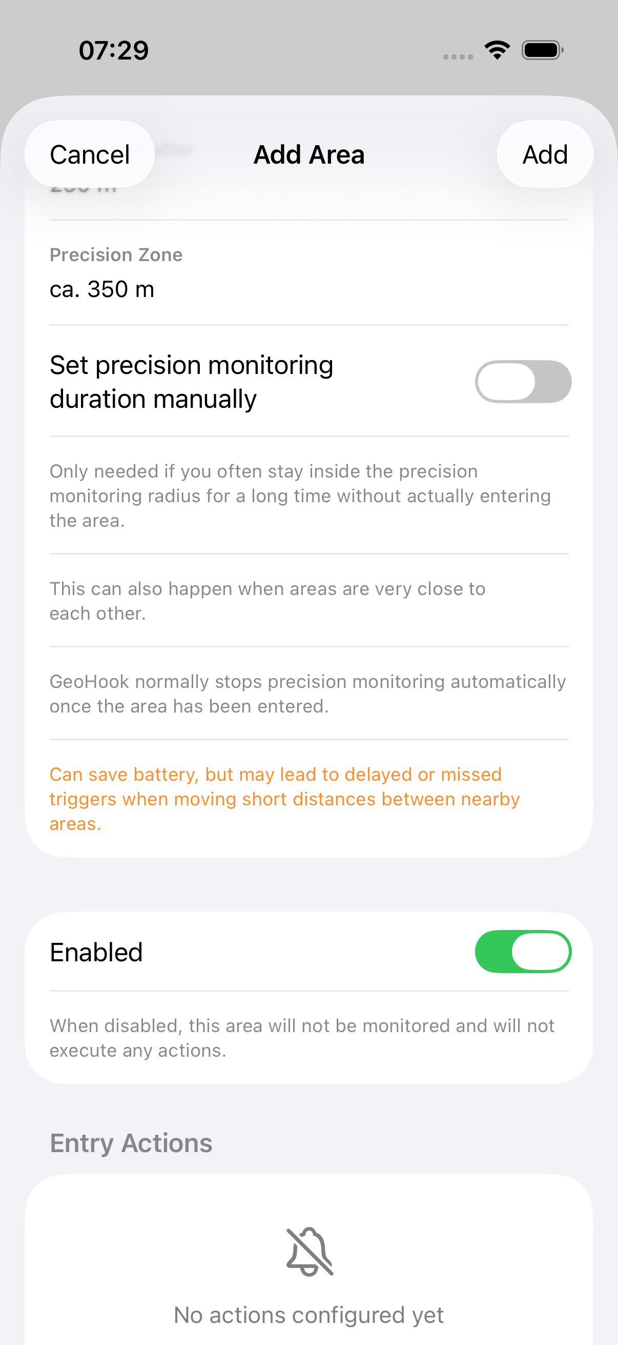 Area editor showing Entry Actions section