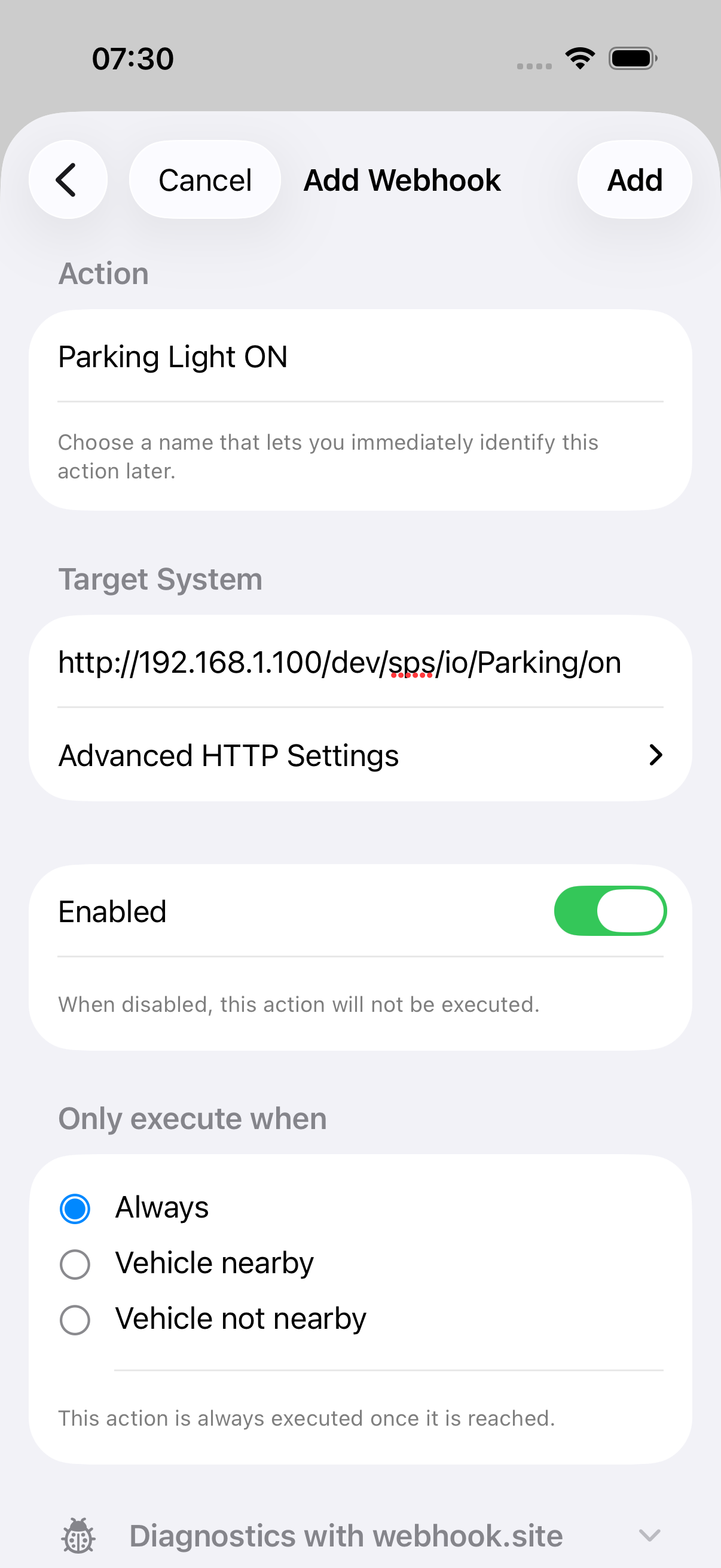 Webhook editor with name and URL filled in