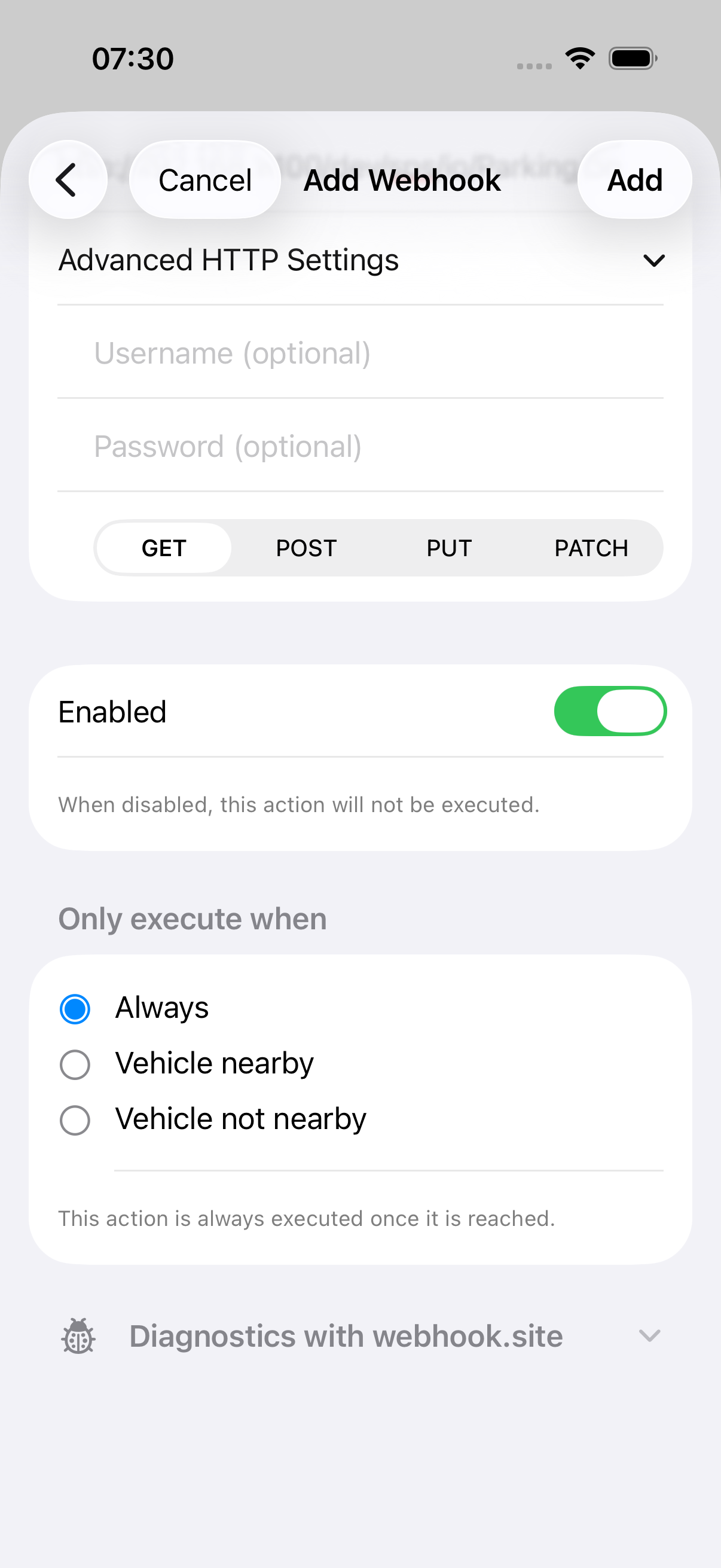 Webhook editor showing HTTP method and authentication fields