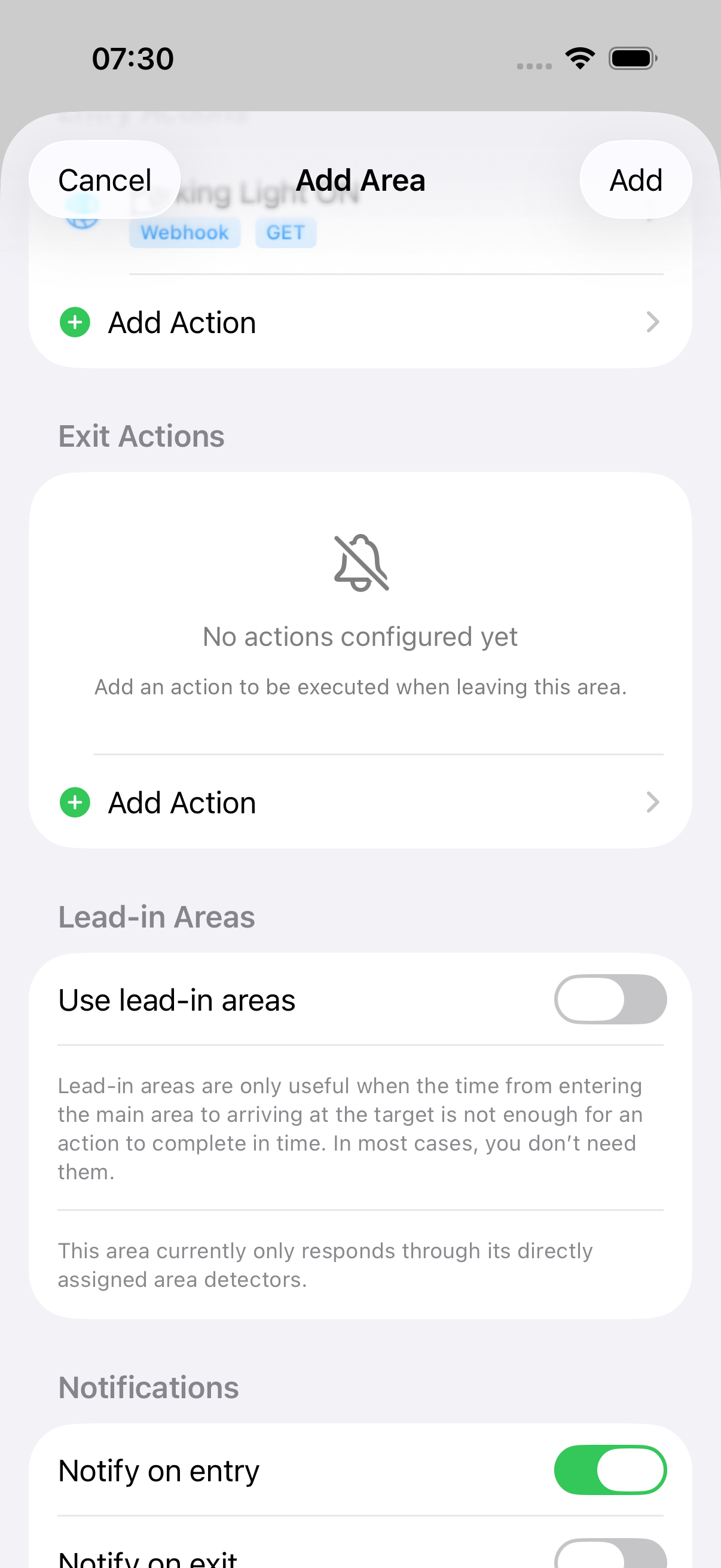 Area editor showing entry and exit actions configured